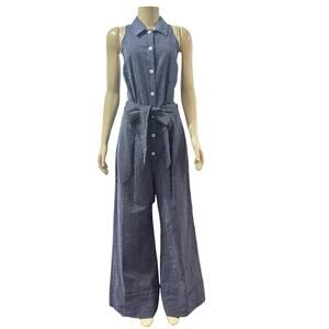 Anthropologie Maeve Size 10 Jumpsuit Wide Leg Blue Collared Striped Modern Chic